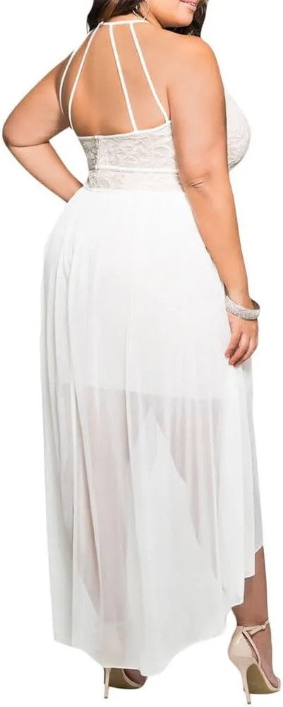 - 818 - Plus Size Hi Low Lace Overlay Halter Cocktail Casual Beach Wedding Maxi Dress