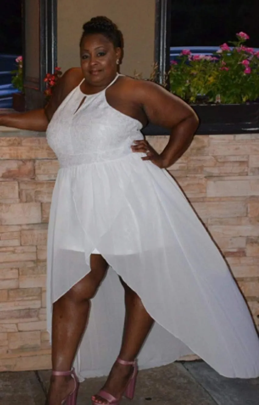 - 818 - Plus Size Hi Low Lace Overlay Halter Cocktail Casual Beach Wedding Maxi Dress