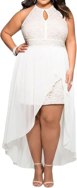 - 818 - Plus Size Hi Low Lace Overlay Halter Cocktail Casual Beach Wedding Maxi Dress