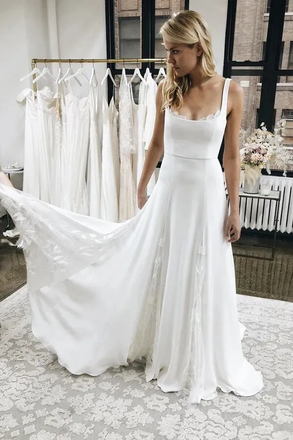 A Line Ivory Satin Wedding Dress With Appliques