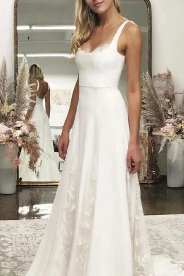 A Line Ivory Satin Wedding Dress With Appliques