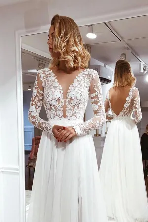 A Line Long Lace Sleeve Side Split Wedding Dress