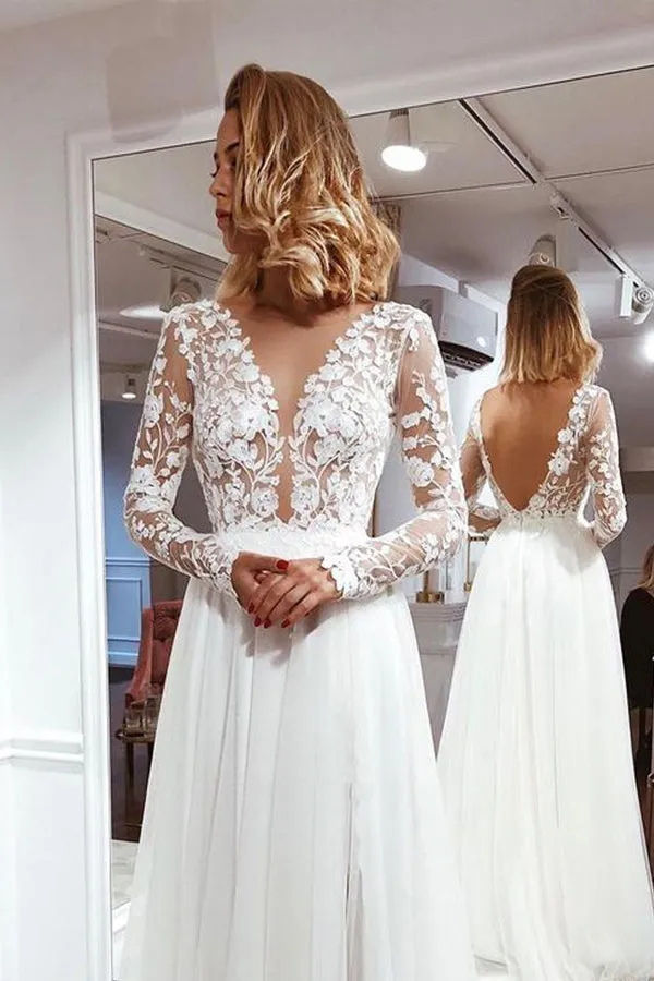 A Line Long Lace Sleeve Side Split Wedding Dress