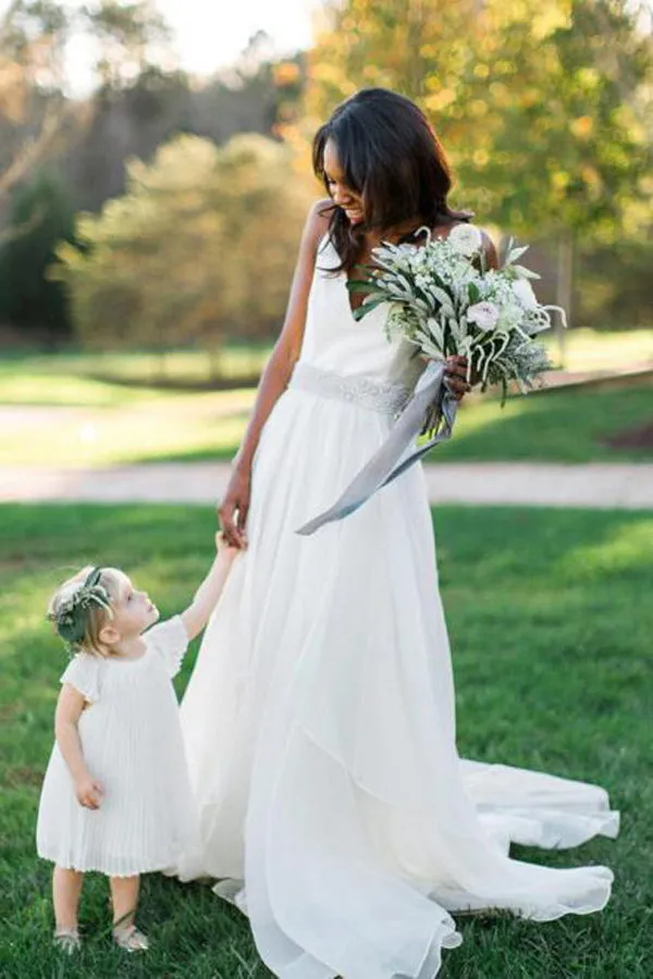 A Line White Chiffon Wedding Dress With Beading