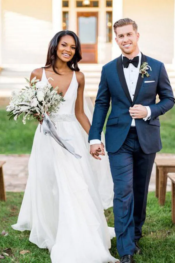 A Line White Chiffon Wedding Dress With Beading