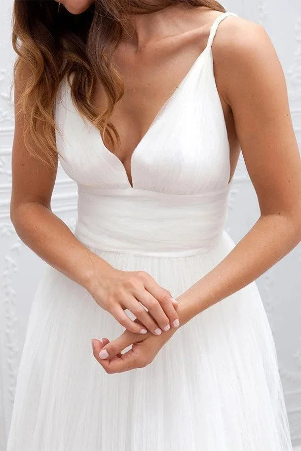 A Line White Tulle Wedding Dress Beach Bridal Gown