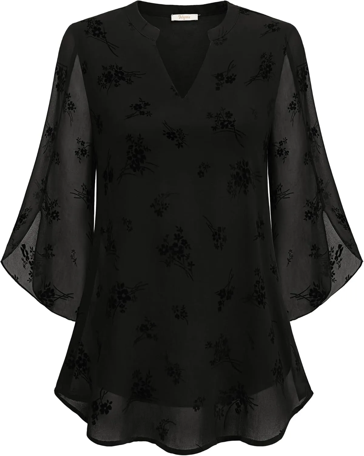 Bebonnie Womens Tops Dressy Casual Ruffle 3/4 Sleeve V Neck Double Layers Chiffon Blouses Tops