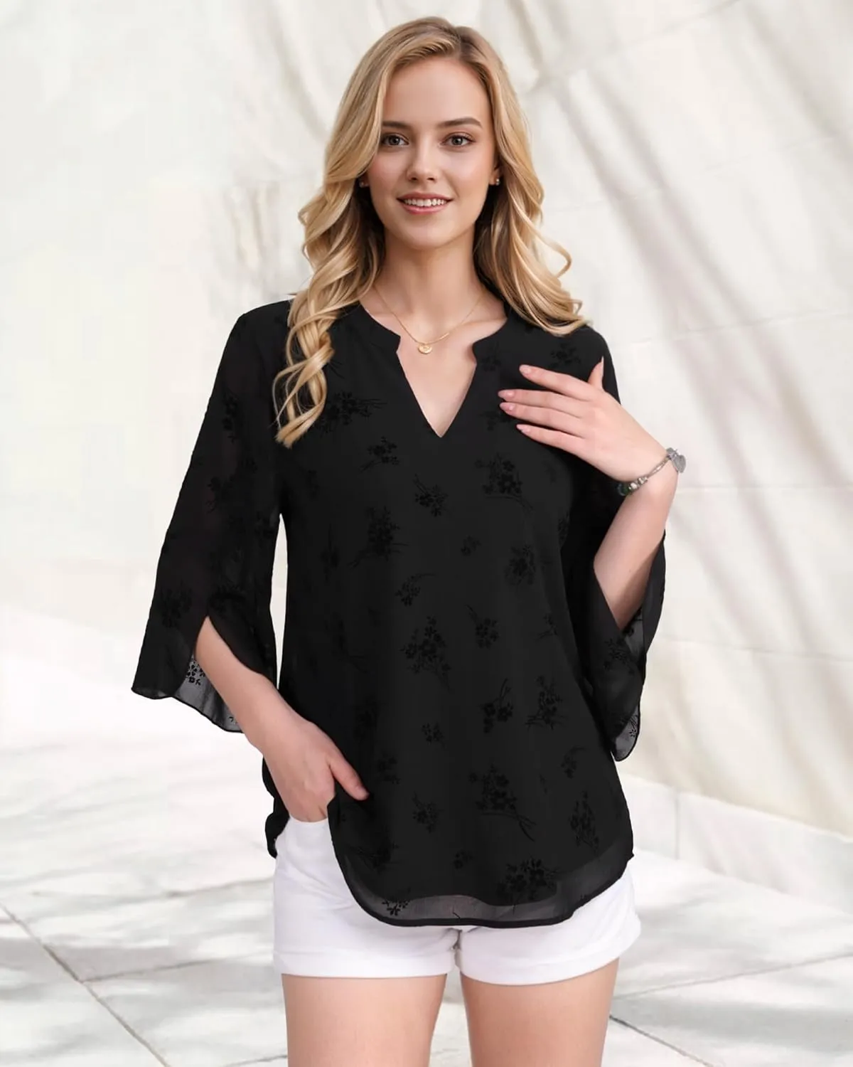 Bebonnie Womens Tops Dressy Casual Ruffle 3/4 Sleeve V Neck Double Layers Chiffon Blouses Tops