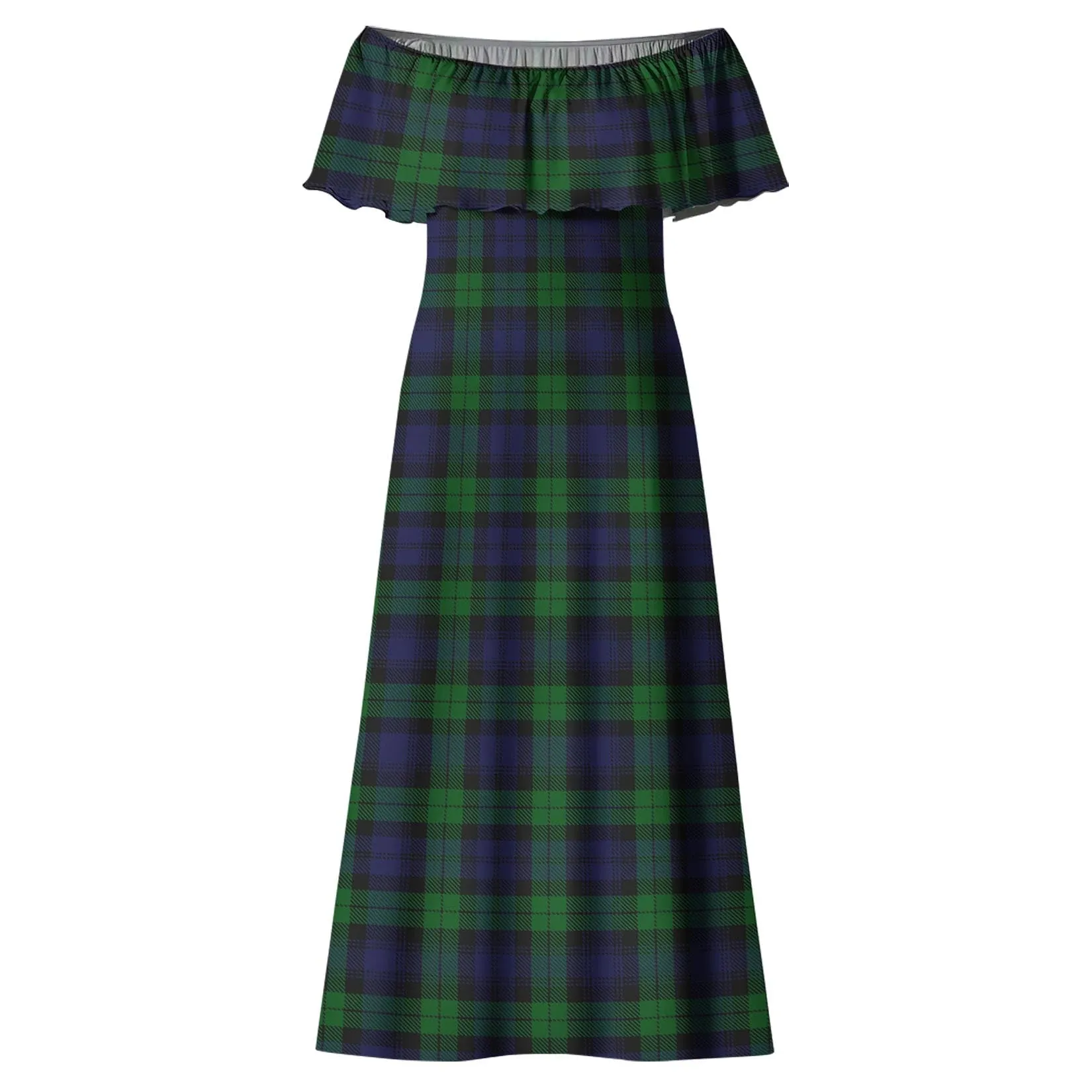 Black Watch Tartan Off Shoulder Long Dress