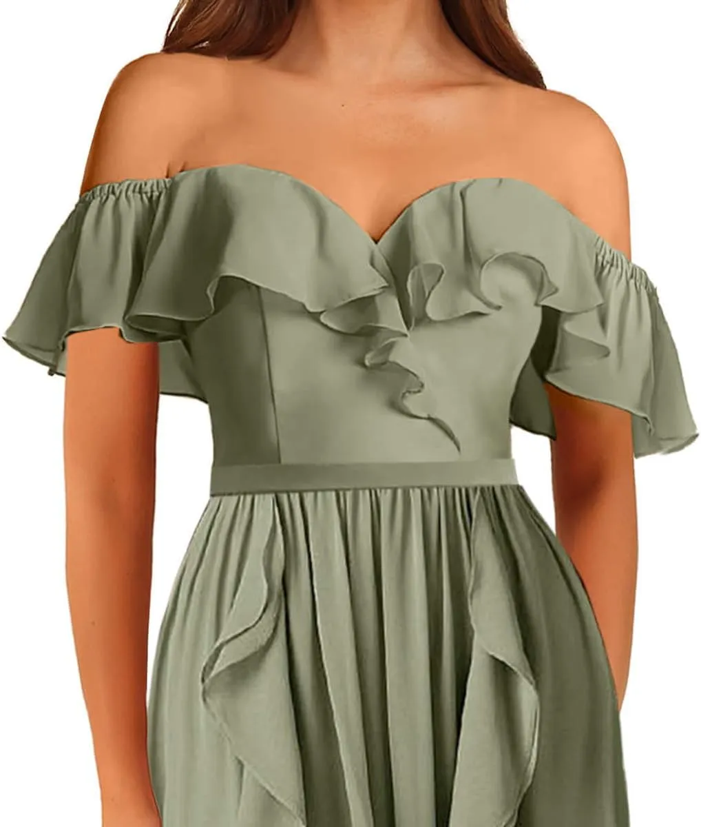 Bridesmaid Dress Women's Formal Dresses Long with Slit Off Shoulder Chiffon Ruffle Hemline Wedding Guest Dress