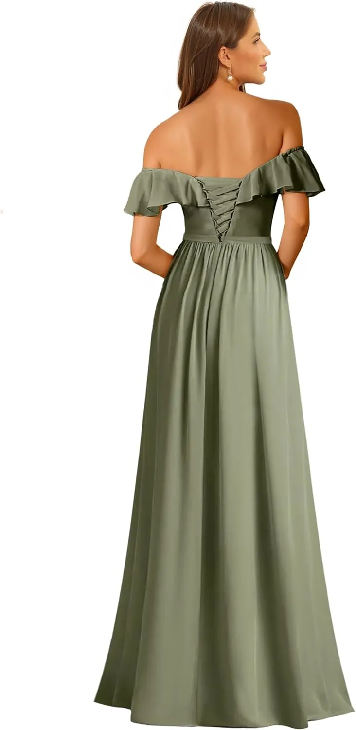 Bridesmaid Dress Women's Formal Dresses Long with Slit Off Shoulder Chiffon Ruffle Hemline Wedding Guest Dress