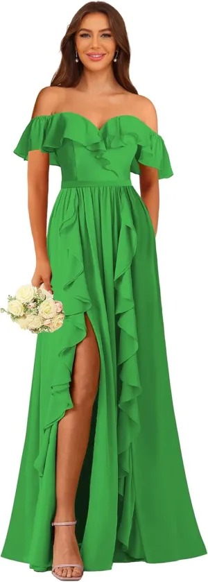 Bridesmaid Dress Women's Formal Dresses Long with Slit Off Shoulder Chiffon Ruffle Hemline Wedding Guest Dress