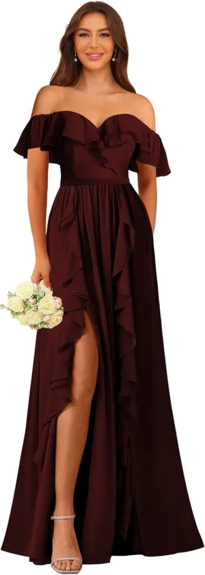 Bridesmaid Dress Women's Formal Dresses Long with Slit Off Shoulder Chiffon Ruffle Hemline Wedding Guest Dress