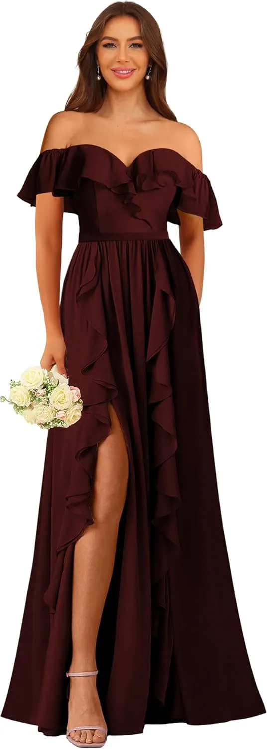 Bridesmaid Dress Women's Formal Dresses Long with Slit Off Shoulder Chiffon Ruffle Hemline Wedding Guest Dress