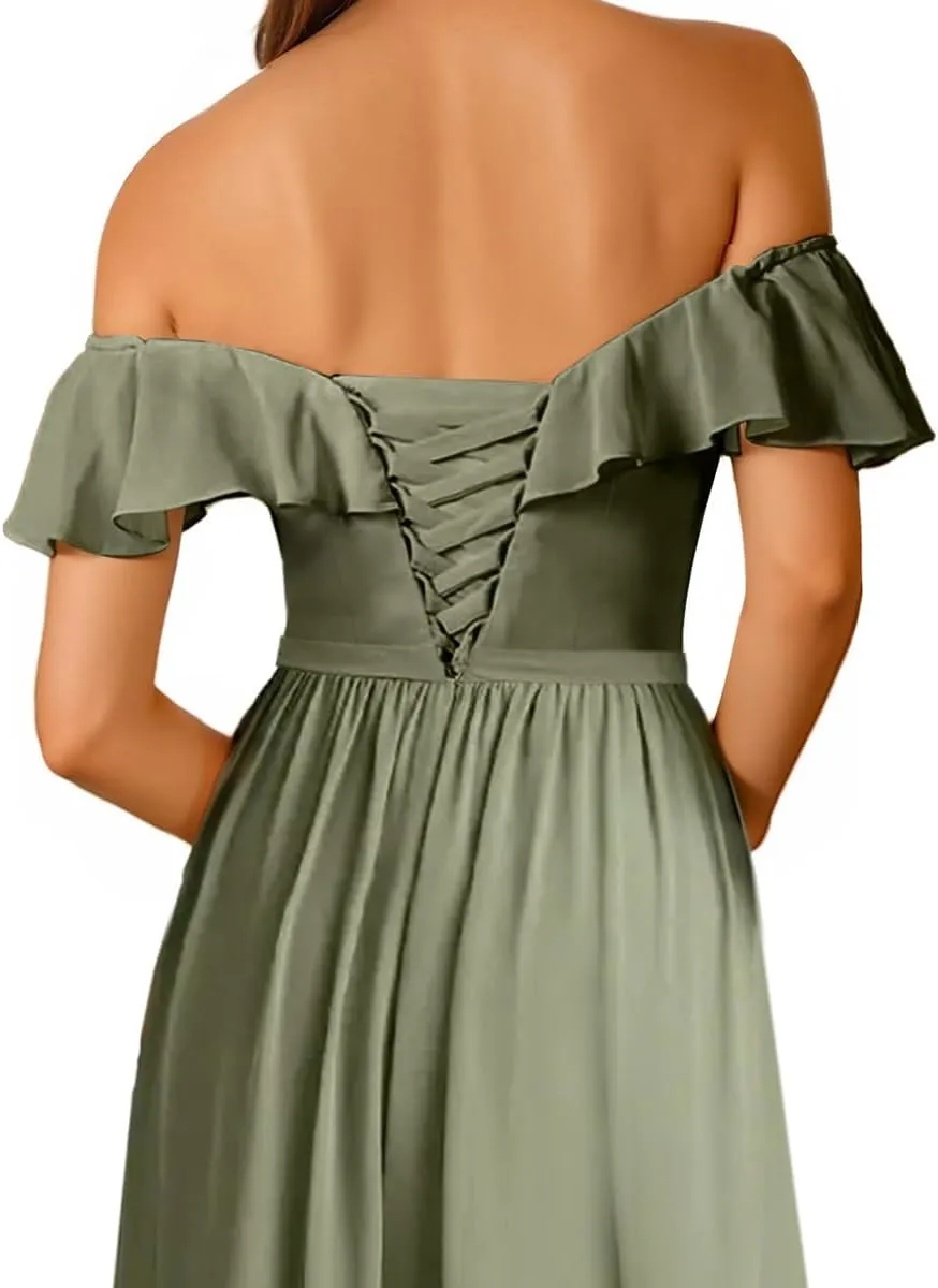 Bridesmaid Dress Women's Formal Dresses Long with Slit Off Shoulder Chiffon Ruffle Hemline Wedding Guest Dress