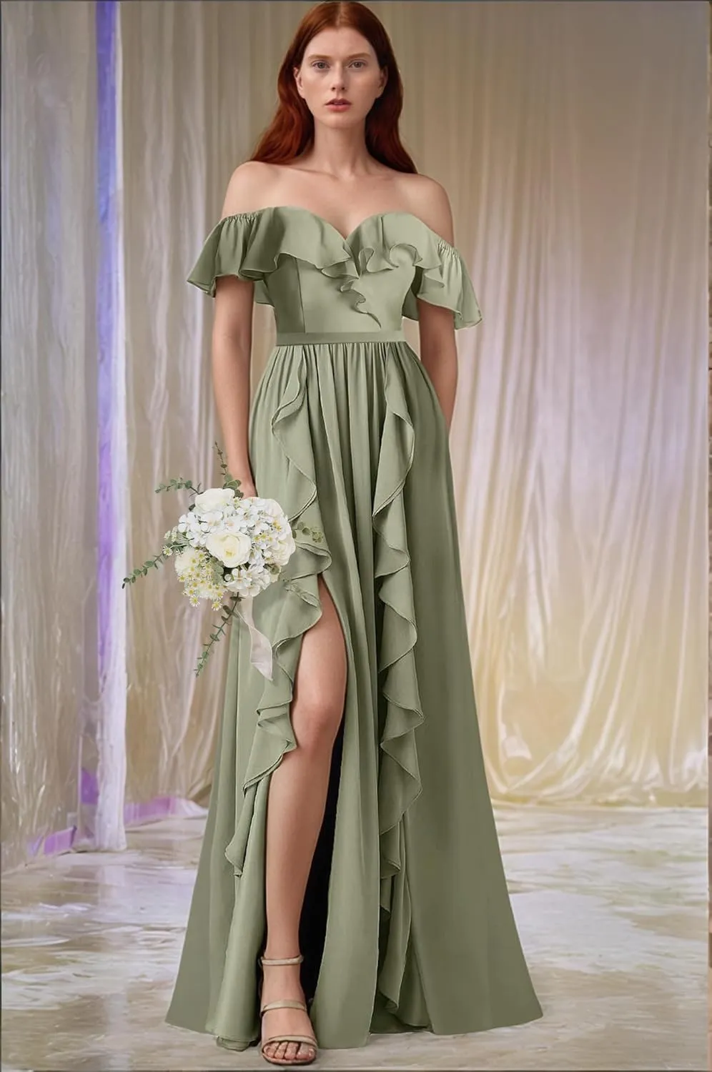 Bridesmaid Dress Women's Formal Dresses Long with Slit Off Shoulder Chiffon Ruffle Hemline Wedding Guest Dress