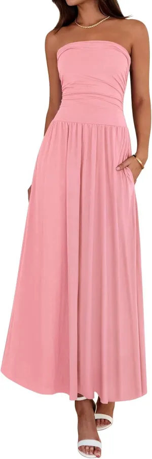 BTFBM Summer Maxi Dresses for Women 2025 Strapless Ruched Tube Top Flowy Beach Vacation Wedding Guest Dress Pockets
