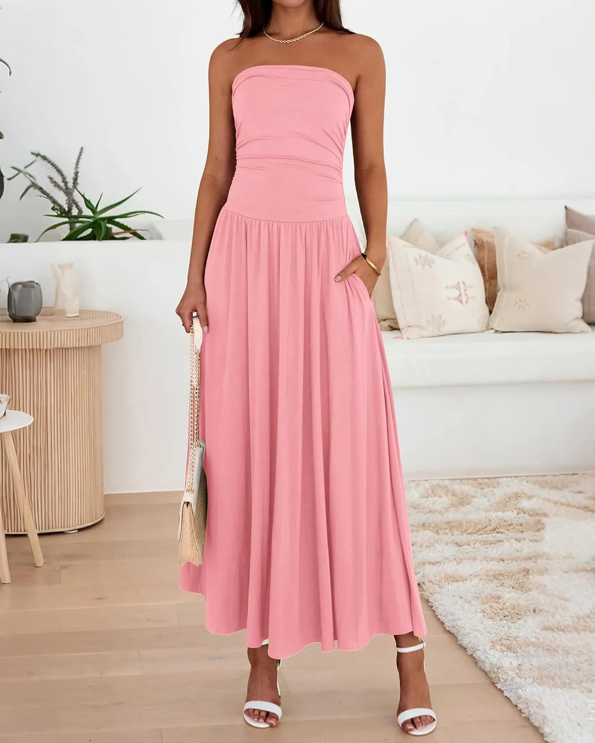BTFBM Summer Maxi Dresses for Women 2025 Strapless Ruched Tube Top Flowy Beach Vacation Wedding Guest Dress Pockets