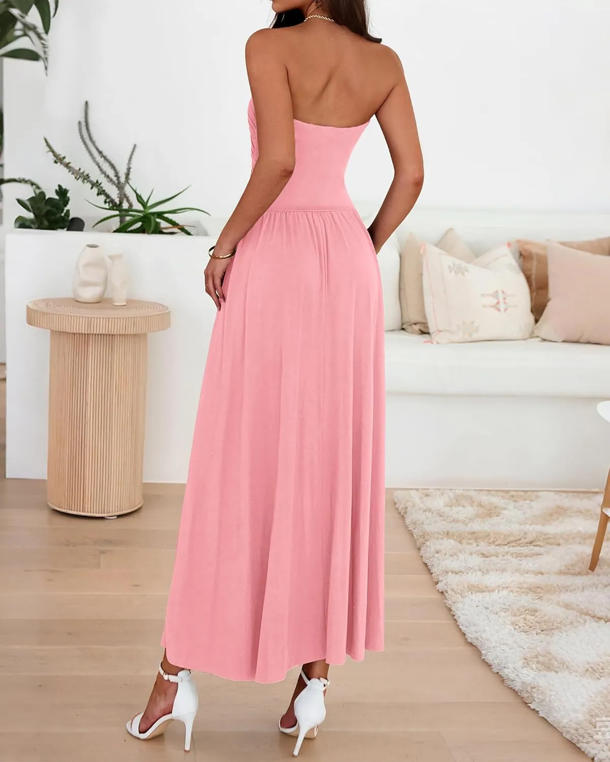 BTFBM Summer Maxi Dresses for Women 2025 Strapless Ruched Tube Top Flowy Beach Vacation Wedding Guest Dress Pockets