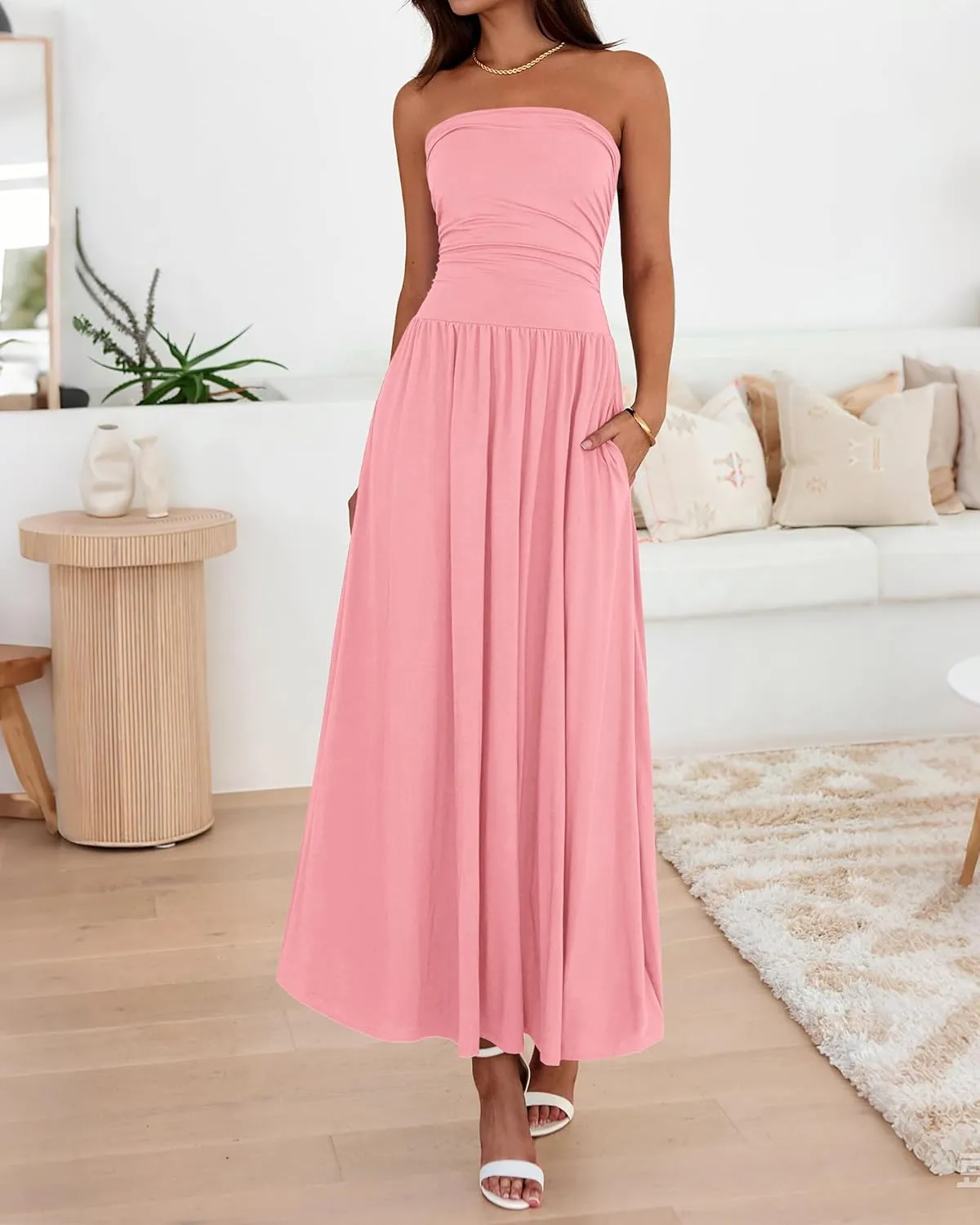 BTFBM Summer Maxi Dresses for Women 2025 Strapless Ruched Tube Top Flowy Beach Vacation Wedding Guest Dress Pockets