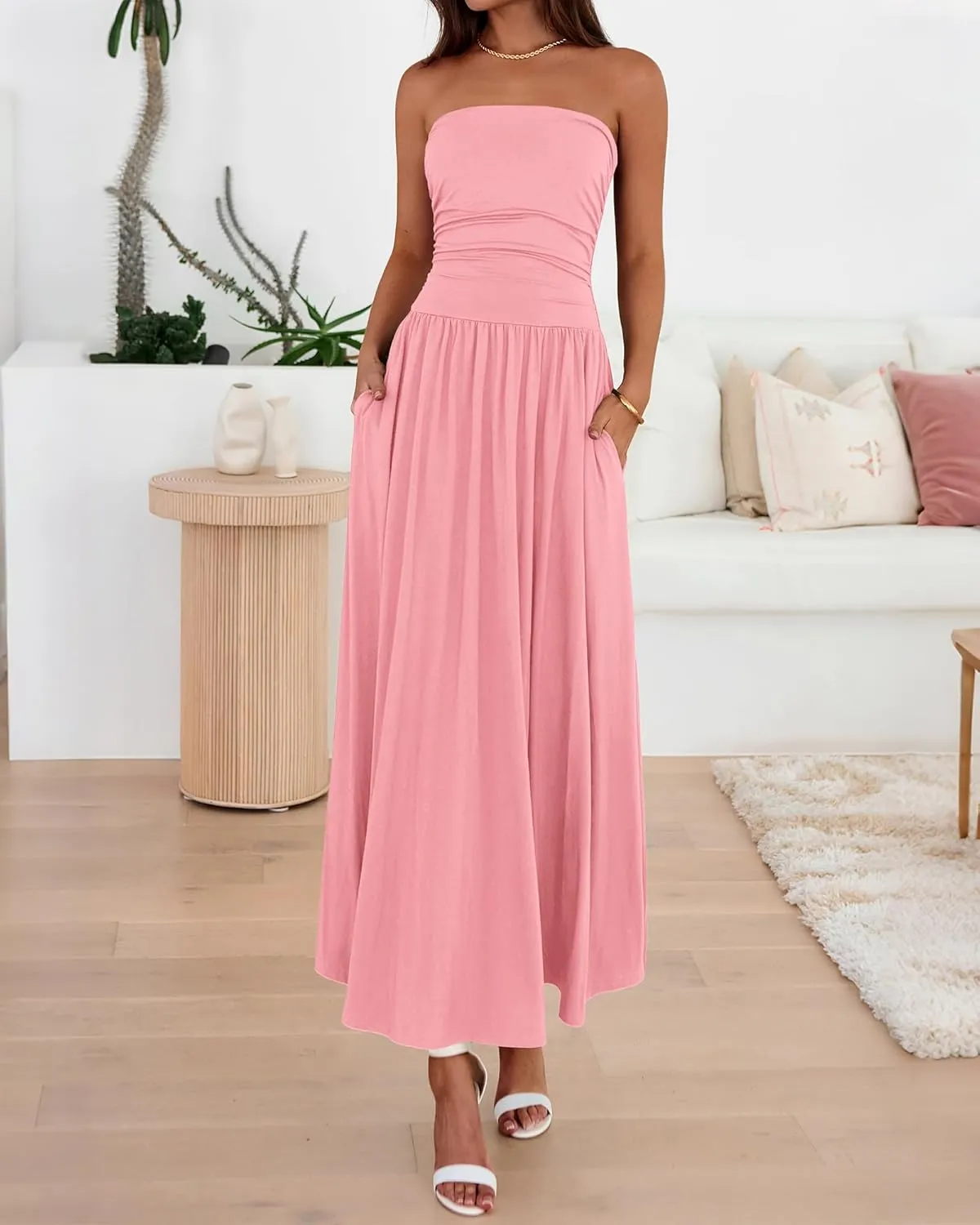 BTFBM Summer Maxi Dresses for Women 2025 Strapless Ruched Tube Top Flowy Beach Vacation Wedding Guest Dress Pockets