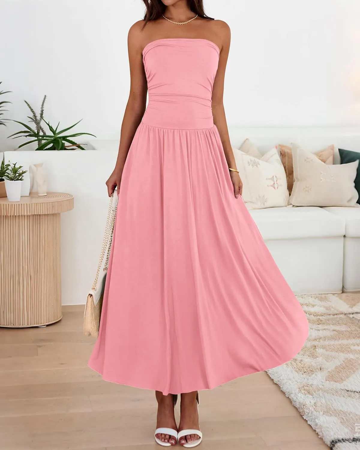 BTFBM Summer Maxi Dresses for Women 2025 Strapless Ruched Tube Top Flowy Beach Vacation Wedding Guest Dress Pockets