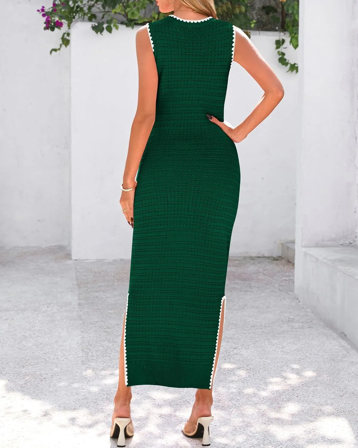 BTFBM Womens Knit Bodycon Midi Dress Casual Sleeveless See Through Cover Up Dresses Crew Neck Slit Tank Summer Dresses