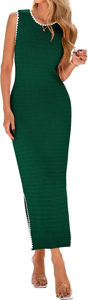 BTFBM Womens Knit Bodycon Midi Dress Casual Sleeveless See Through Cover Up Dresses Crew Neck Slit Tank Summer Dresses