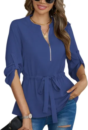 CiCiBird Womens Dressy 3/4 Sleeve Shirt Casual Zip Blouse Work Business Peplum Tops