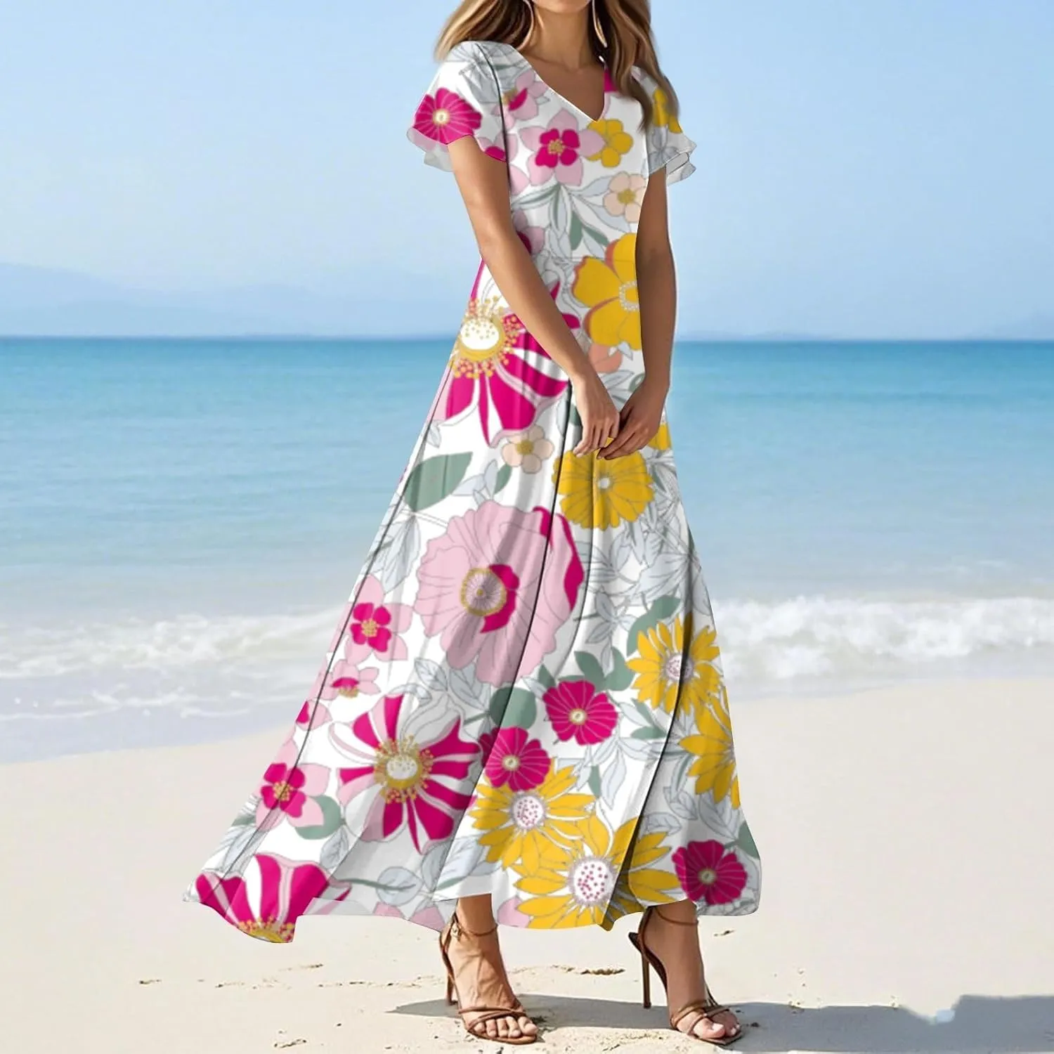 Cute Floral Maxi Dresses for Women 2025 Flowy Short Sleeve Chiffon Dress Summer Casual Prom Beach Clothes Easter Dress