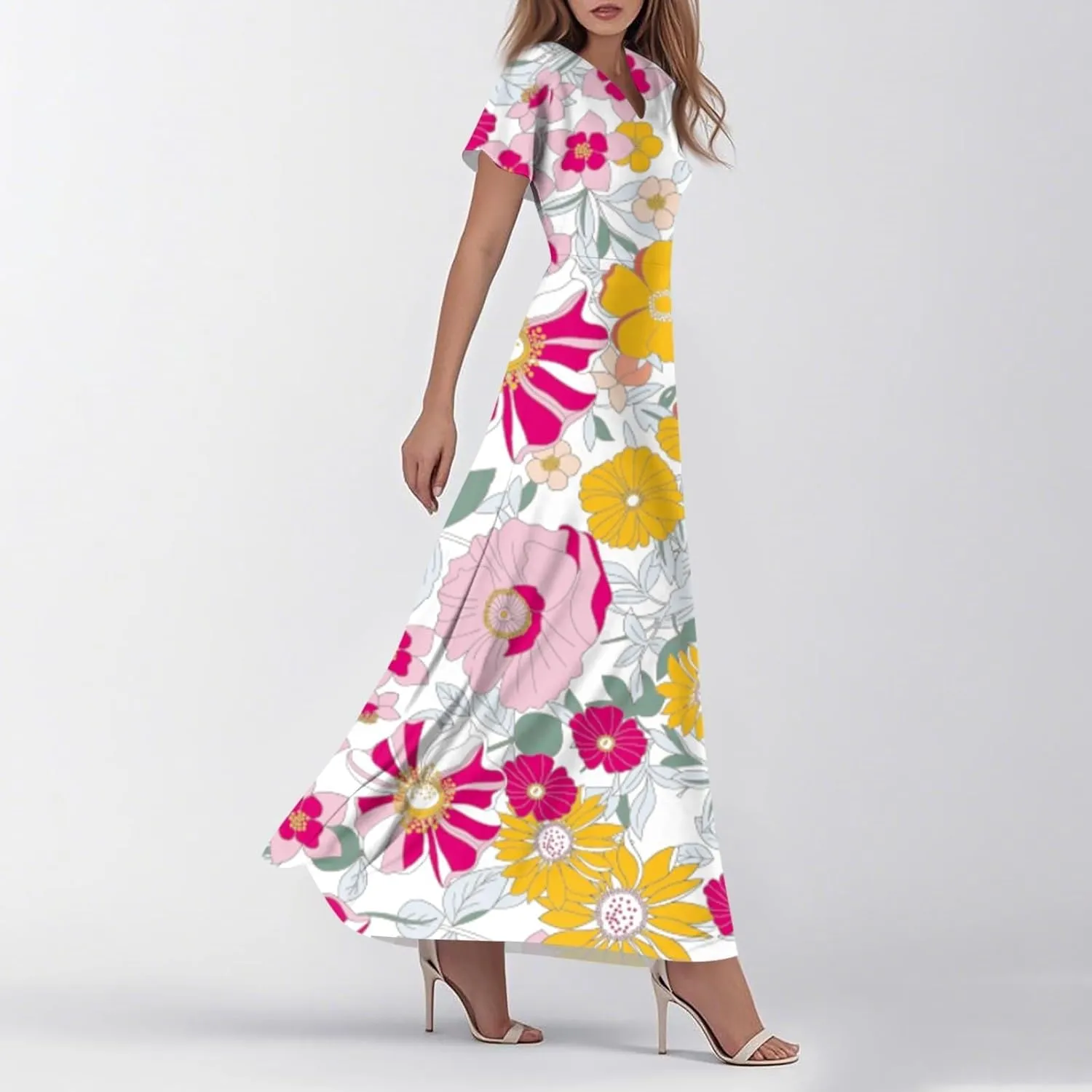Cute Floral Maxi Dresses for Women 2025 Flowy Short Sleeve Chiffon Dress Summer Casual Prom Beach Clothes Easter Dress