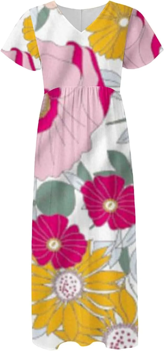 Cute Floral Maxi Dresses for Women 2025 Flowy Short Sleeve Chiffon Dress Summer Casual Prom Beach Clothes Easter Dress