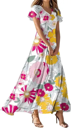 Cute Floral Maxi Dresses for Women 2025 Flowy Short Sleeve Chiffon Dress Summer Casual Prom Beach Clothes Easter Dress