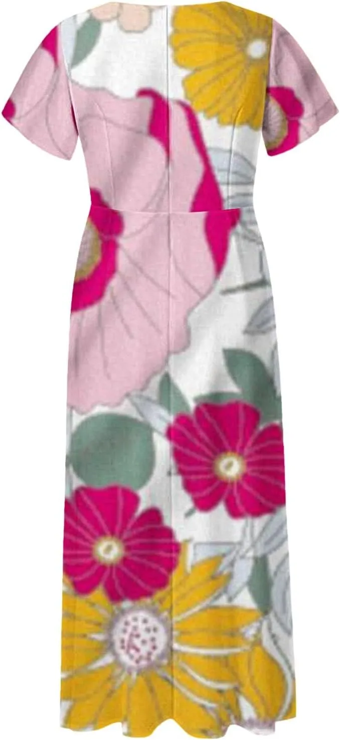 Cute Floral Maxi Dresses for Women 2025 Flowy Short Sleeve Chiffon Dress Summer Casual Prom Beach Clothes Easter Dress