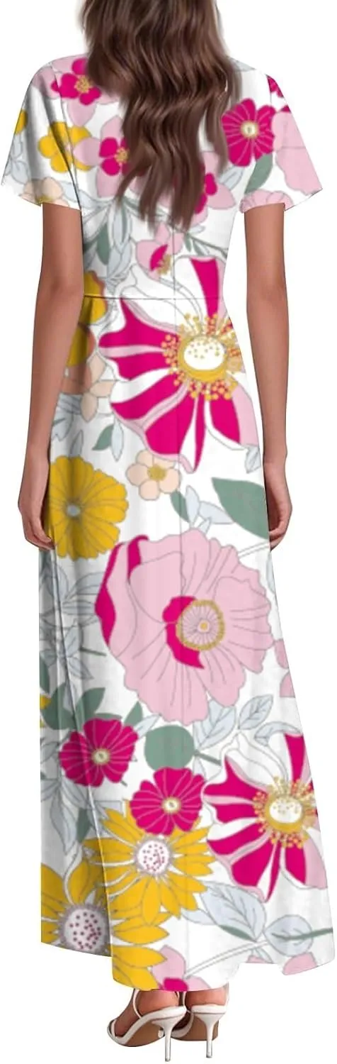 Cute Floral Maxi Dresses for Women 2025 Flowy Short Sleeve Chiffon Dress Summer Casual Prom Beach Clothes Easter Dress
