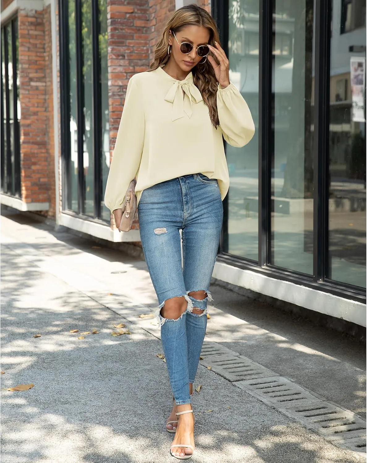 CZYINXIAN Womens Dressy Chiffon Blouse Business Work Casual Tie Neck Shirt Tops