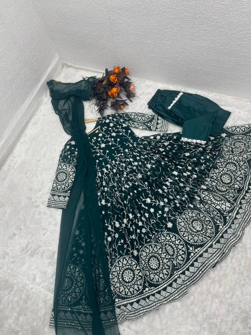 Designer Green Color Thread Work Gown