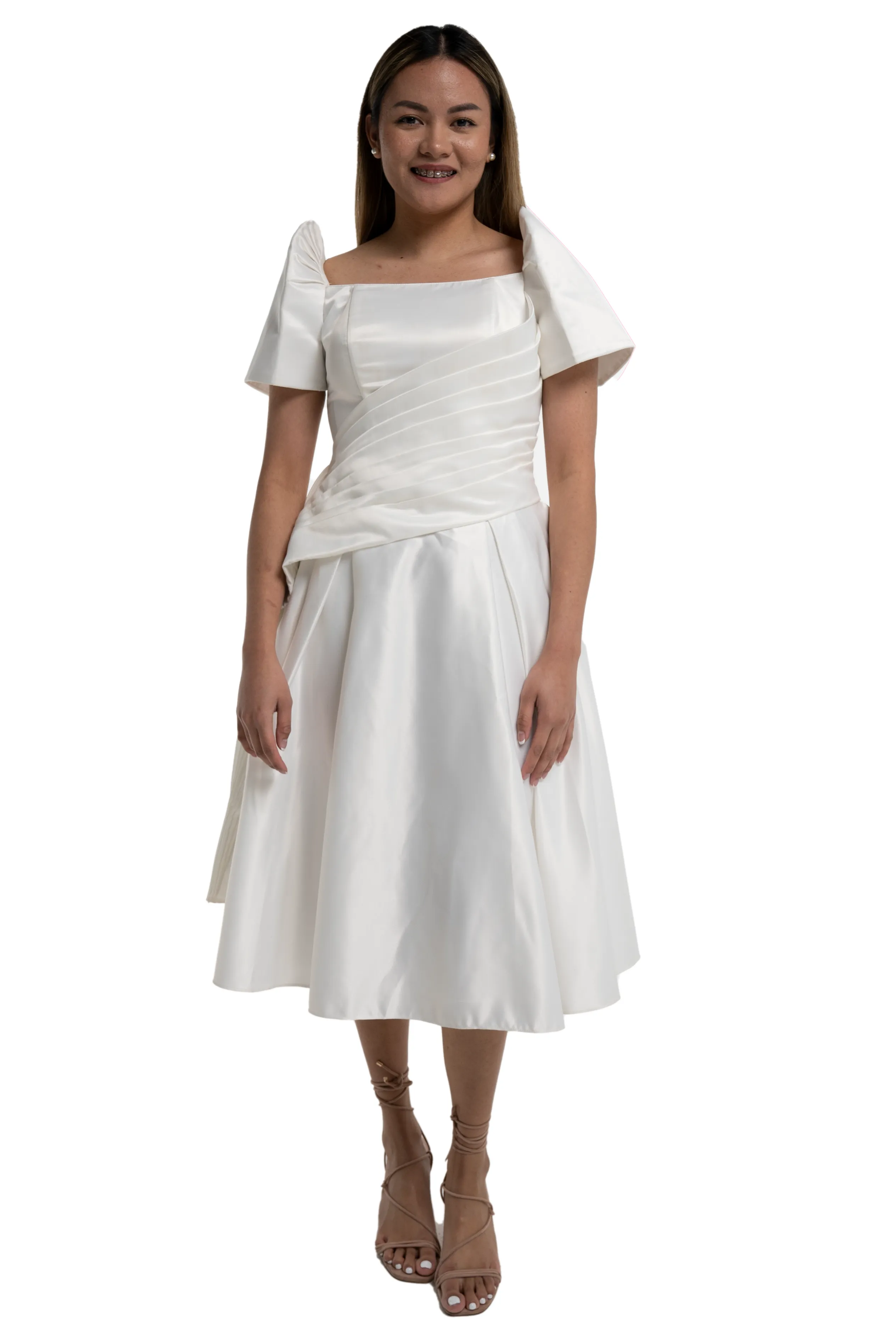 Duchess White Modern Filipiniana Midi Dress - Heart - JB68