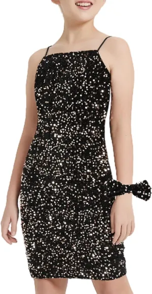 EXARUS Girls Sequin Spaghetti Strap Bodycon Dress Teen Sparkle Pencil Party Mini Special Occasion Birthday Velvet Dress