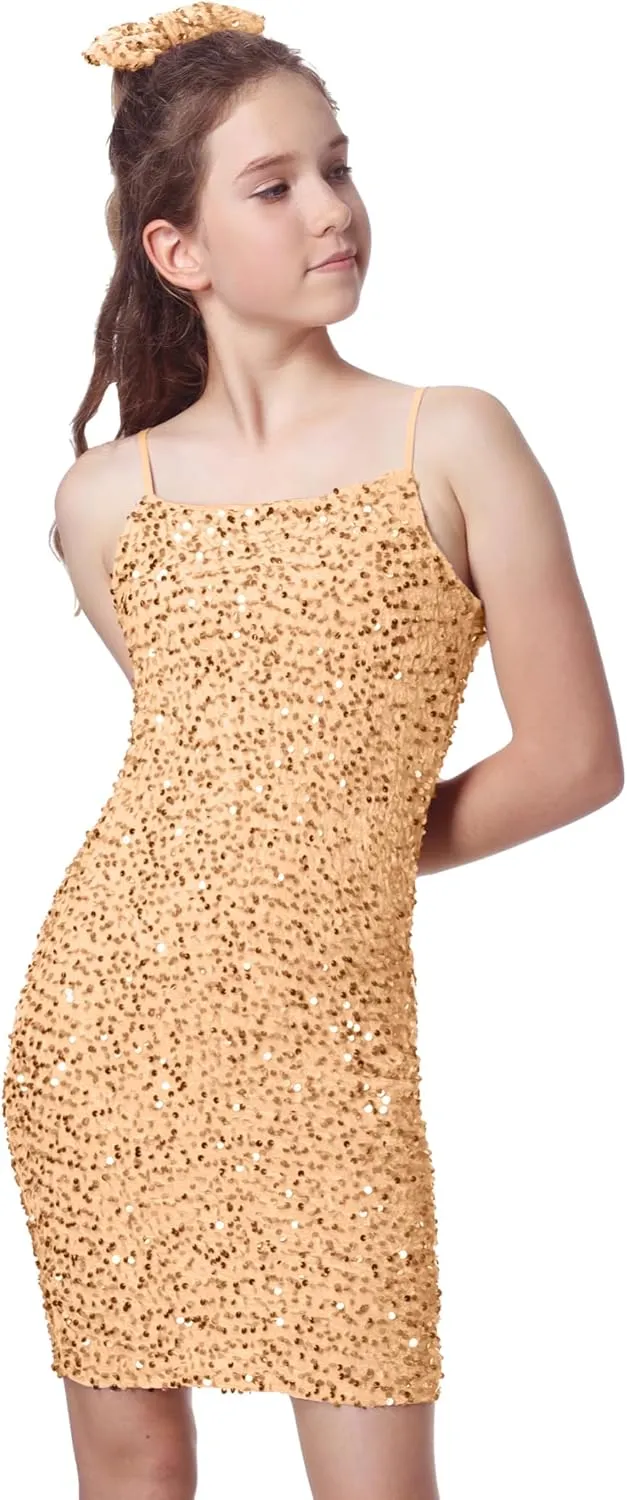 EXARUS Girls Sequin Spaghetti Strap Bodycon Dress Teen Sparkle Pencil Party Mini Special Occasion Birthday Velvet Dress