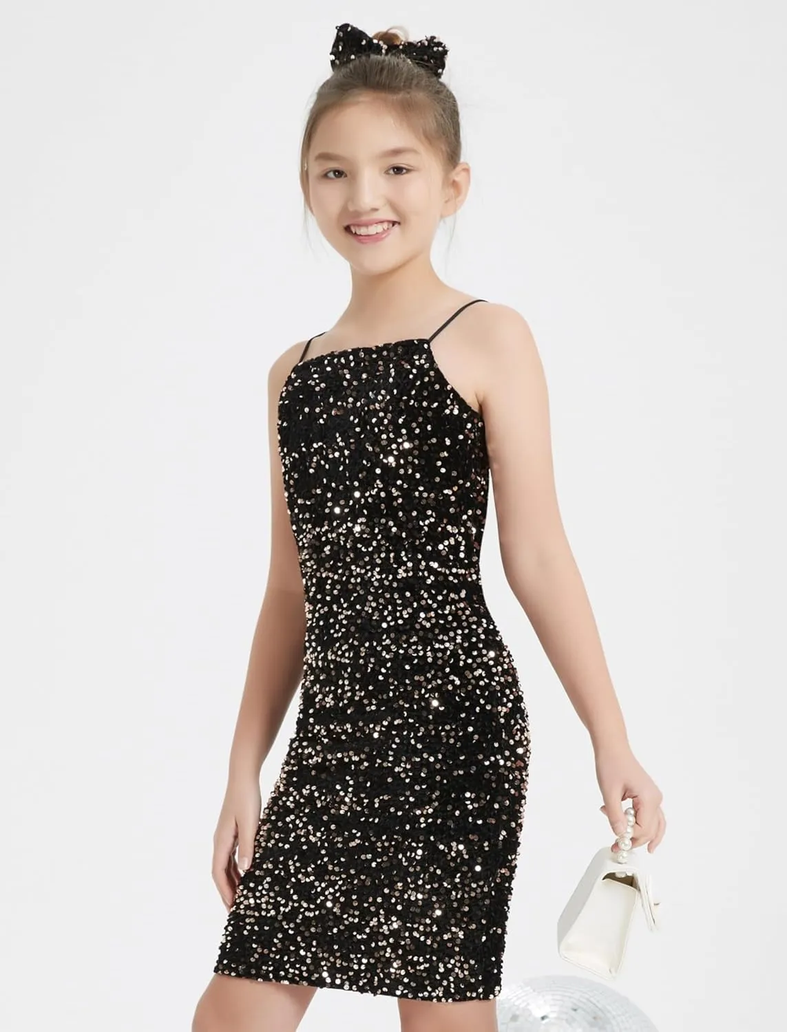 EXARUS Girls Sequin Spaghetti Strap Bodycon Dress Teen Sparkle Pencil Party Mini Special Occasion Birthday Velvet Dress