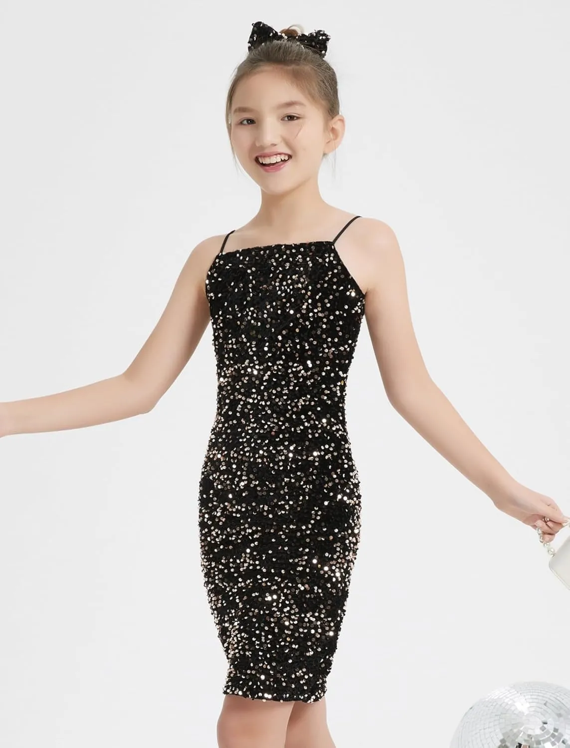 EXARUS Girls Sequin Spaghetti Strap Bodycon Dress Teen Sparkle Pencil Party Mini Special Occasion Birthday Velvet Dress
