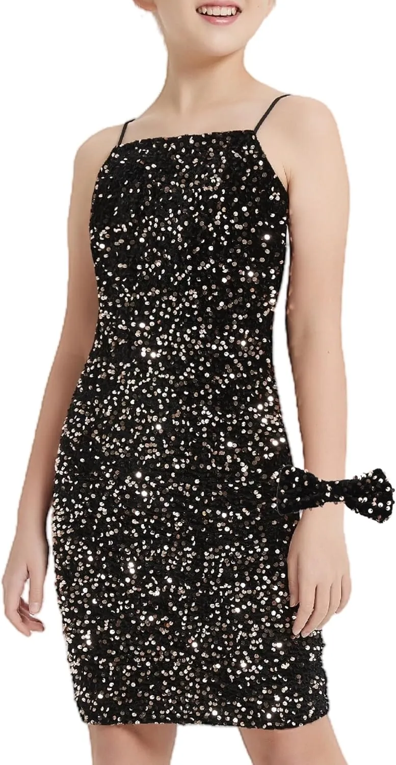 EXARUS Girls Sequin Spaghetti Strap Bodycon Dress Teen Sparkle Pencil Party Mini Special Occasion Birthday Velvet Dress