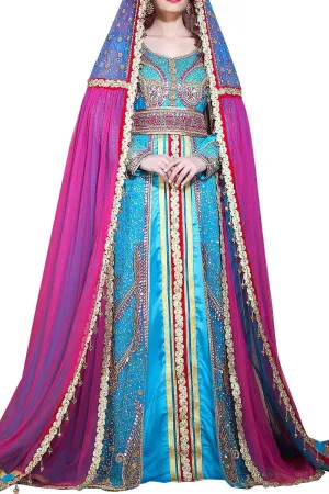 Ferozi and Dark Pink Color Designer Arabic Muslim Long Sleeve Wedding Caftan With Veil