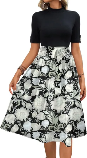 Floral Dresses Flowy Short Sleeve Empire Waist Summer Crewneck Midi Length Fashion Belted Sundresses for Women