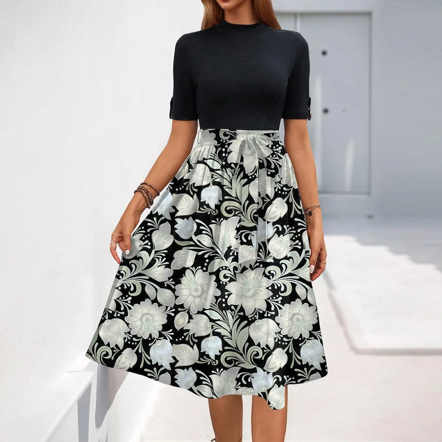 Floral Dresses Flowy Short Sleeve Empire Waist Summer Crewneck Midi Length Fashion Belted Sundresses for Women