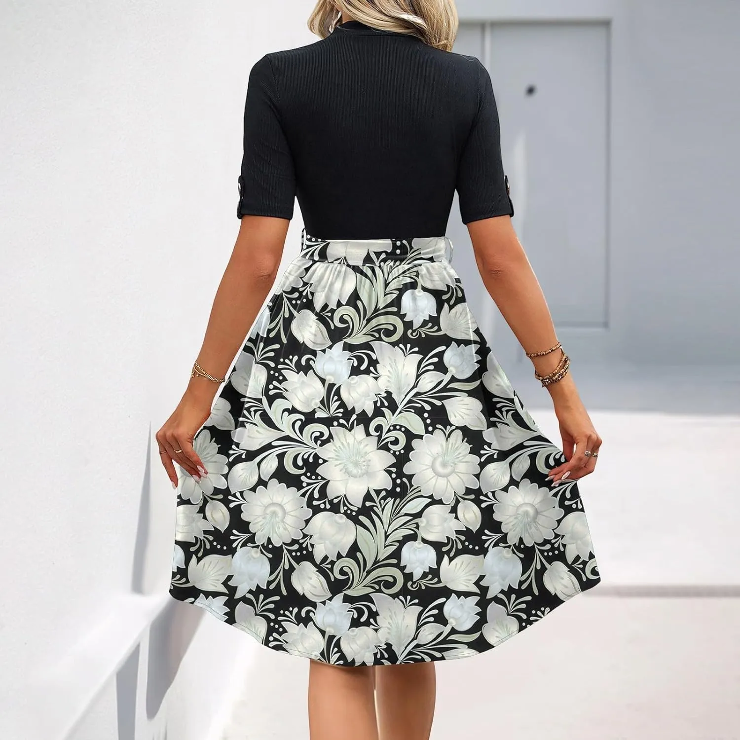 Floral Dresses Flowy Short Sleeve Empire Waist Summer Crewneck Midi Length Fashion Belted Sundresses for Women