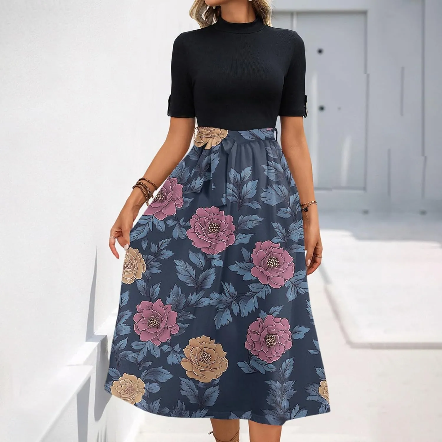 Floral Dresses Flowy Short Sleeve Empire Waist Summer Crewneck Midi Length Fashion Belted Sundresses for Women