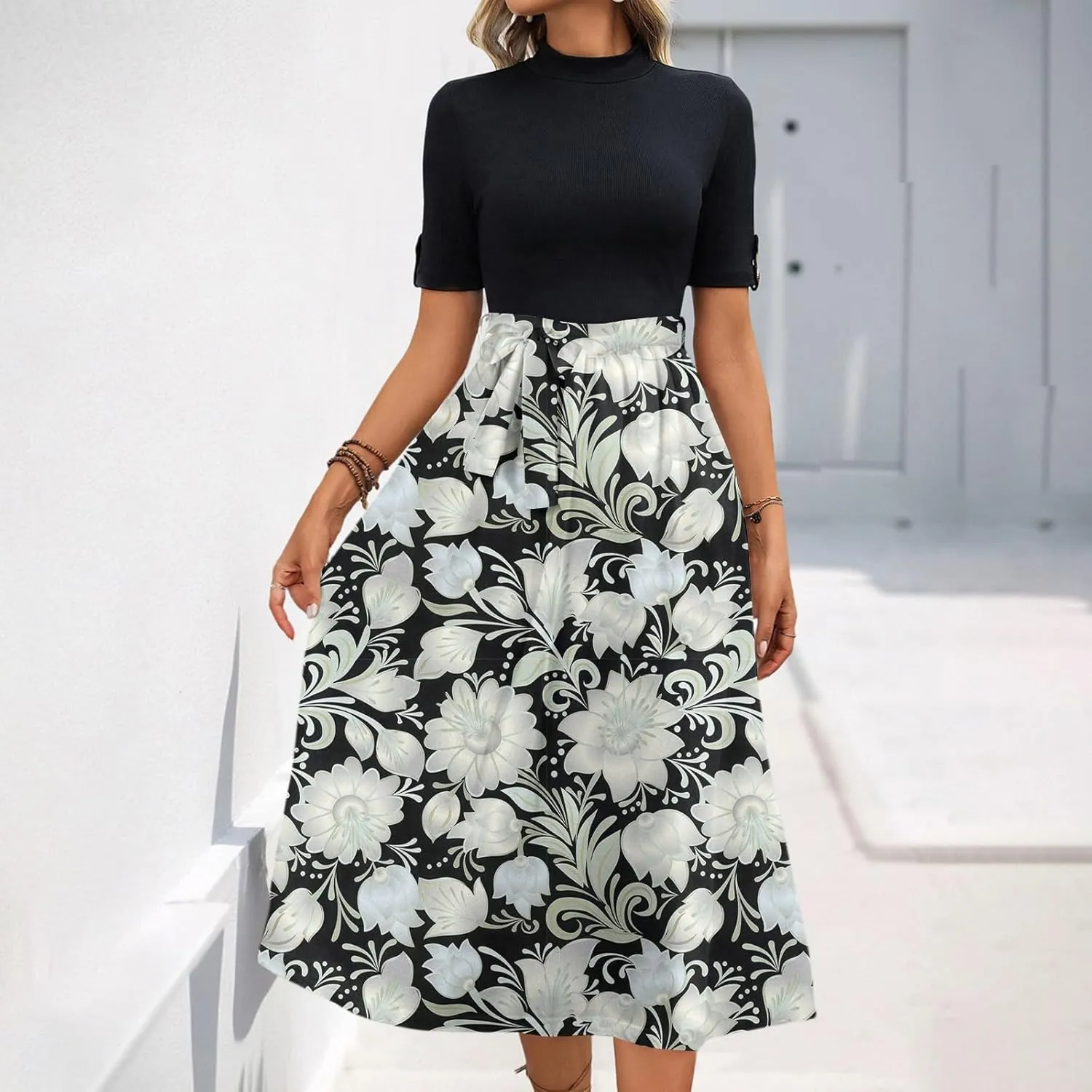 Floral Dresses Flowy Short Sleeve Empire Waist Summer Crewneck Midi Length Fashion Belted Sundresses for Women