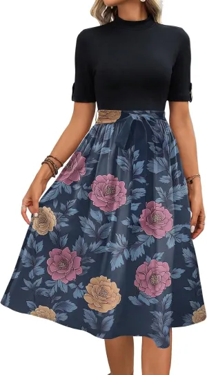 Floral Dresses Flowy Short Sleeve Empire Waist Summer Crewneck Midi Length Fashion Belted Sundresses for Women